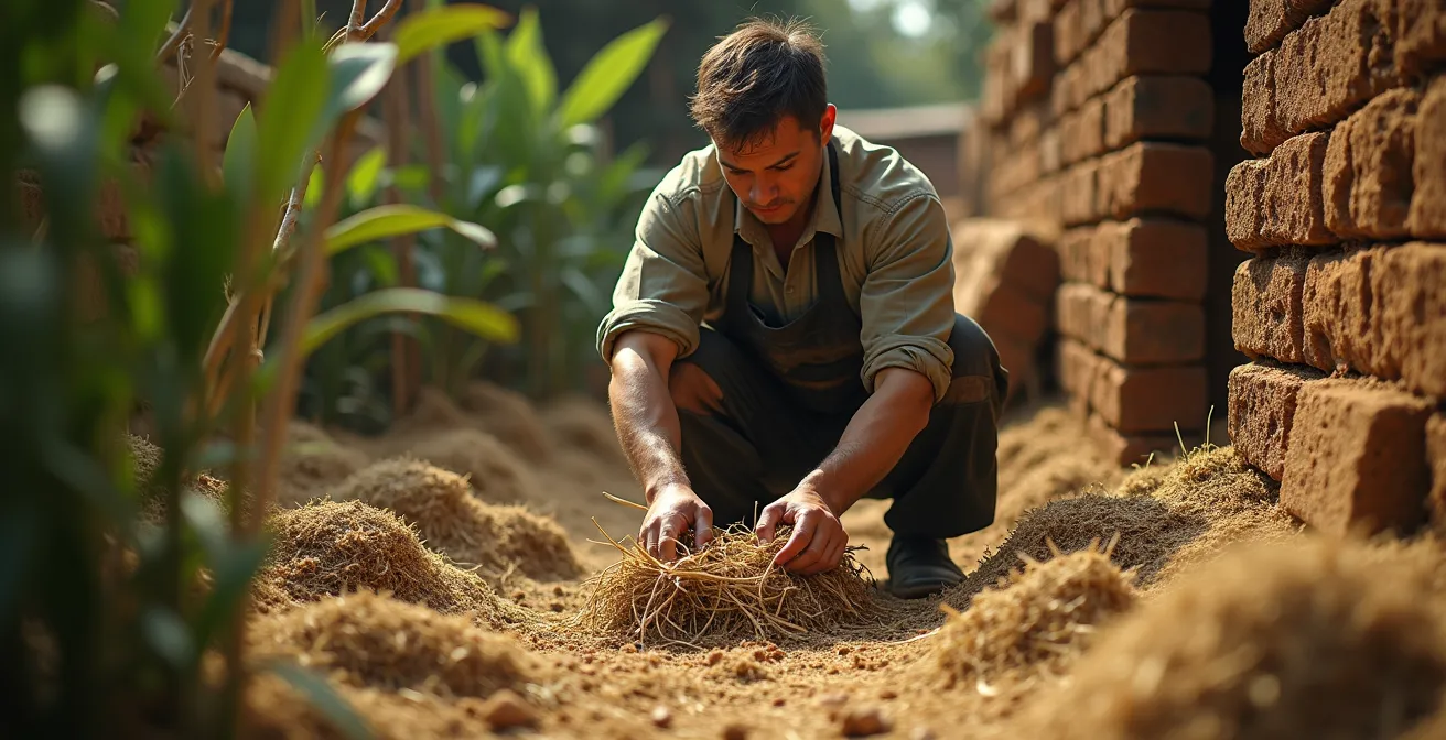 Artisan du bâtiment utilisant des matériaux biosourcés et géosourcés sur un chantier écologique