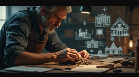 Illustration symbolique représentant un artisan au travail entouré d'objets d'artisanat fusionnant avec des éléments de patrimoine historique et familial.