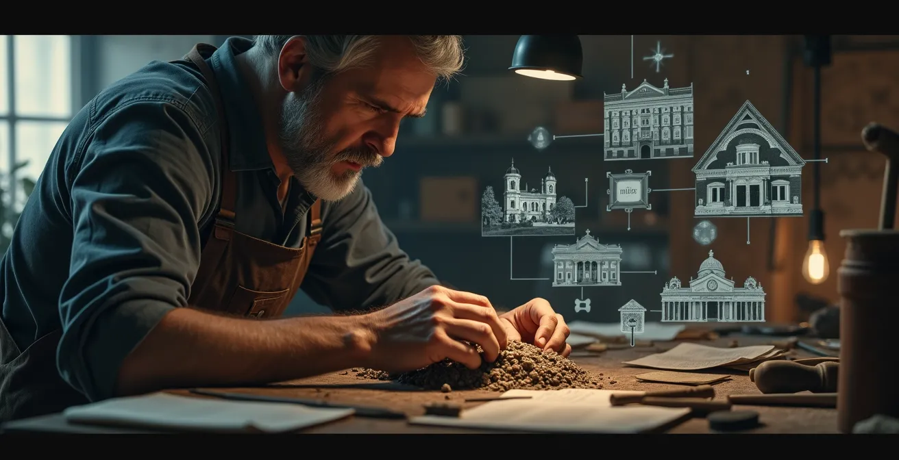 Illustration symbolique représentant un artisan au travail entouré d'objets d'artisanat fusionnant avec des éléments de patrimoine historique et familial.