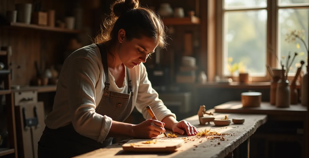Artisan travaillant avec passion dans un atelier chaleureux montrant une activité manuelle concrète