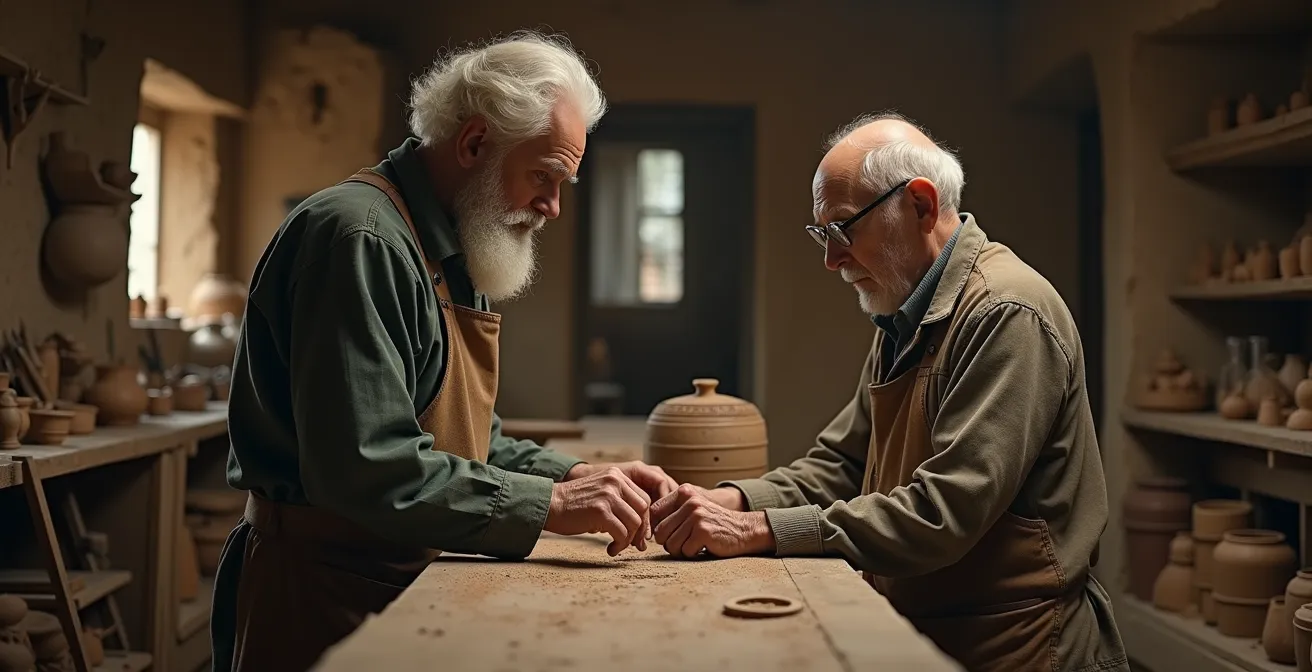 Artisan traditionnel transmettant un savoir-faire ancien à un jeune dans un atelier rempli d'outils anciens et matériaux naturels