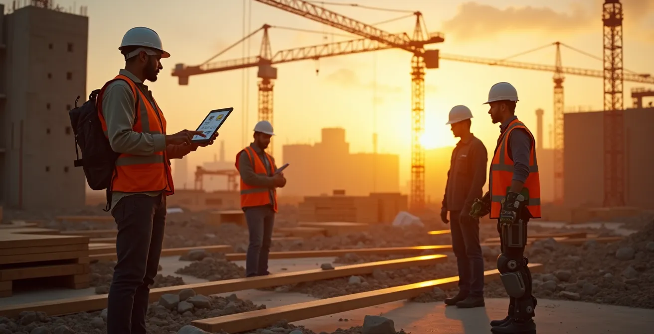 Artisans du bâtiment modernes utilisant des technologies avancées sur un chantier, symbolisant innovation et passion dans le bâtiment