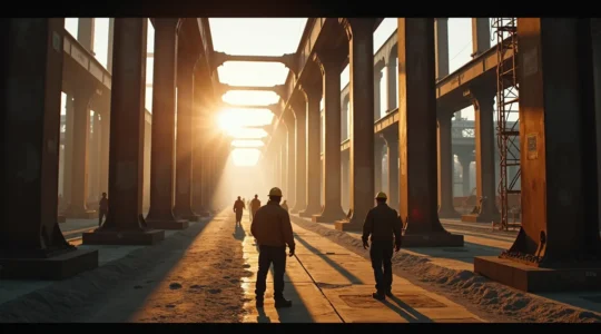 Vue panoramique d'un chantier de construction métallique monumentale avec des charpentiers au travail et des poutres métalliques massives en cours d'assemblage