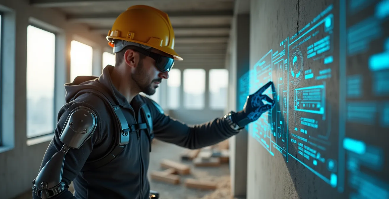 Maçon utilisant réalité augmentée et exosquelette sur un chantier moderne