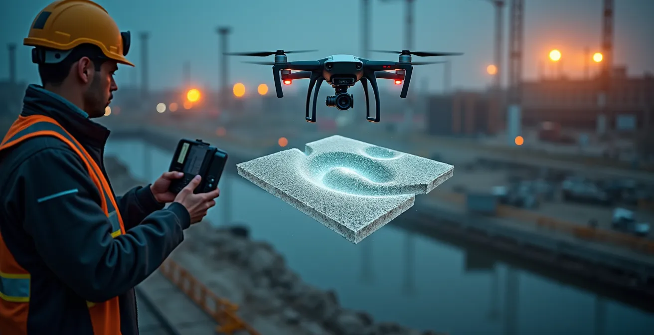 Géomètre utilisant un drone et scanner 3D pour la mesure précise d’un terrain, avec représentation numérique du terrain en surimpression