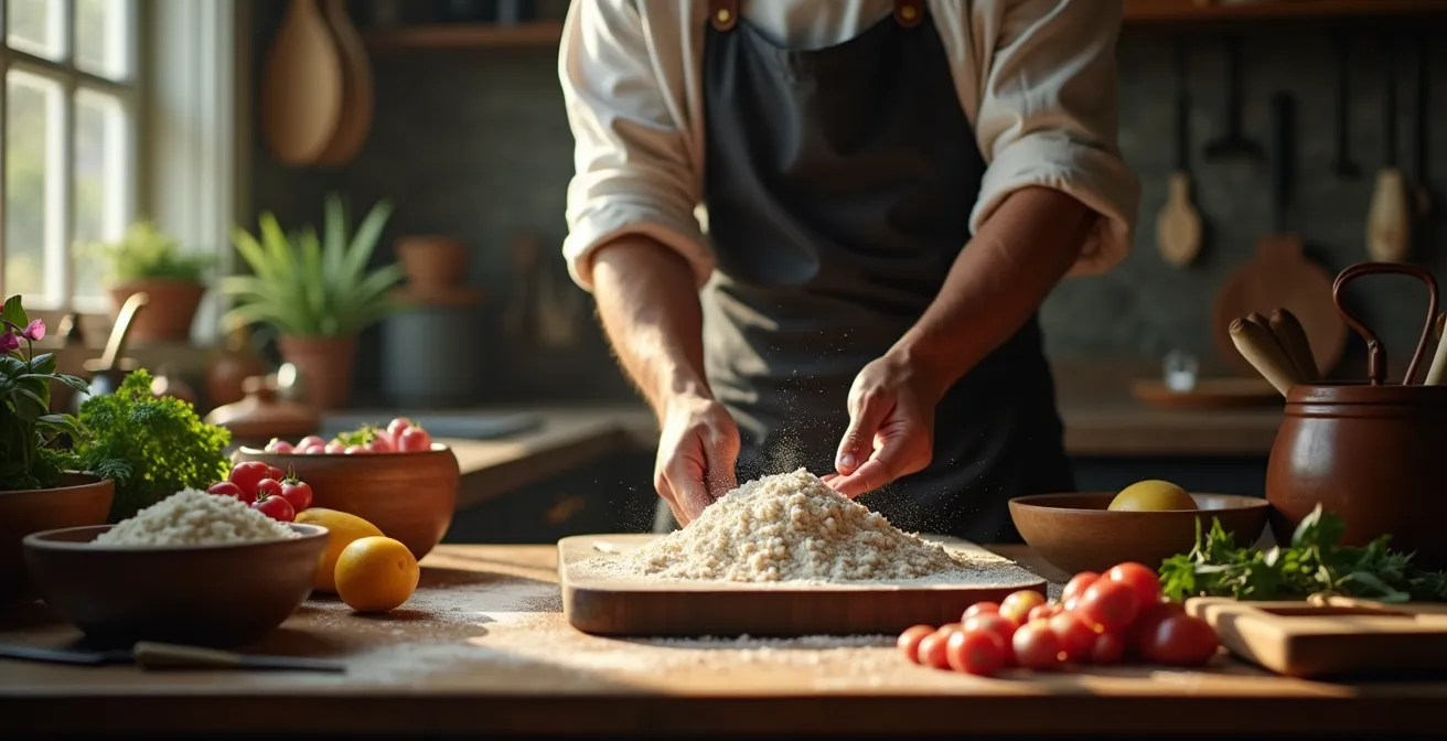Un chef cuisinier en cuisine à domicile, entouré d'ustensiles artisanaux et ingrédients naturels, préparant un plat avec soin