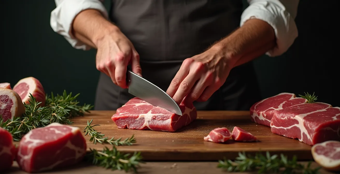 Un boucher pratiquant une découpe précise d'un morceau de viande sur une planche en bois, avec différents couteaux professionnels alignés