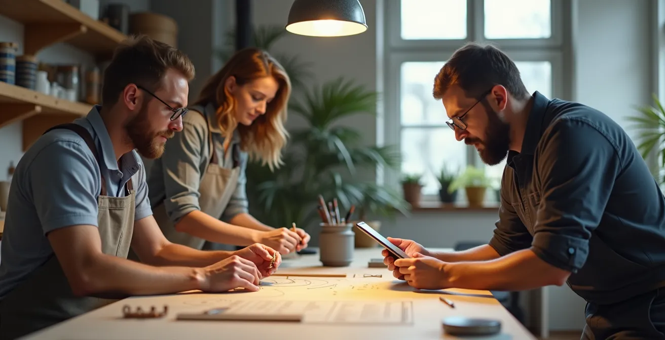 Atelier où un artisan collabore avec un designer et un client, illustrant la co-création et l’alliance entre design, tradition et technologie