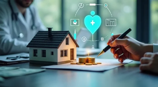 Illustration symbolique montrant un diagnostic immobilier protégeant un bien immobilier avec des icônes d'argent et de santé