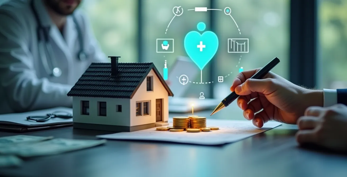 Illustration symbolique montrant un diagnostic immobilier protégeant un bien immobilier avec des icônes d'argent et de santé