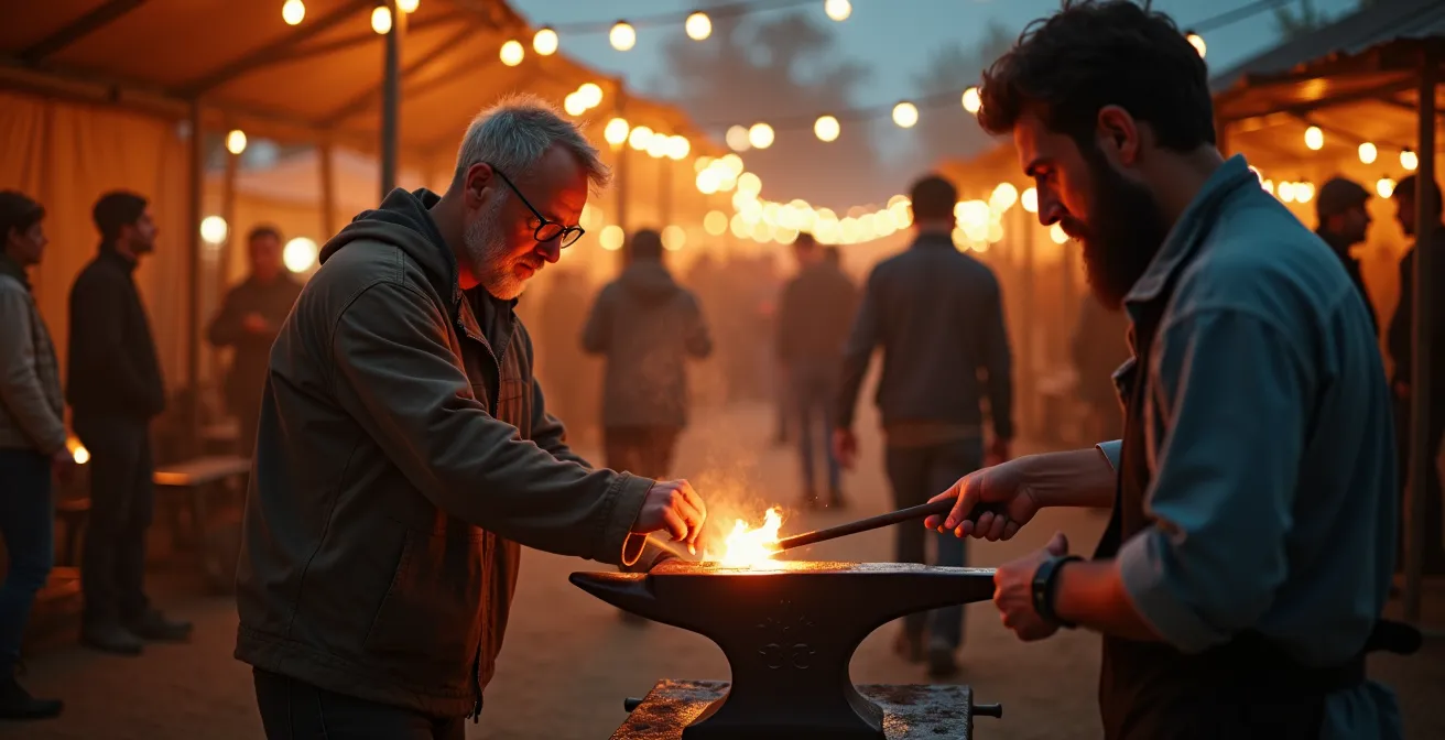Visiteurs d’un festival d’archéologie en interaction avec des artisans, impliquant plusieurs sens : toucher, odorat, ouïe