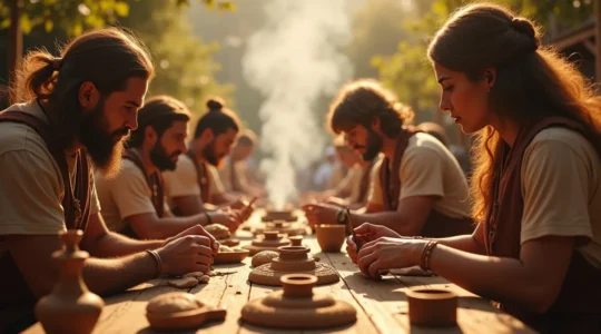 Vue immersive d'un festival d'archéologie avec artisans en train de travailler sur des objets anciens, visiteurs touchant et sentant des matériaux historiques