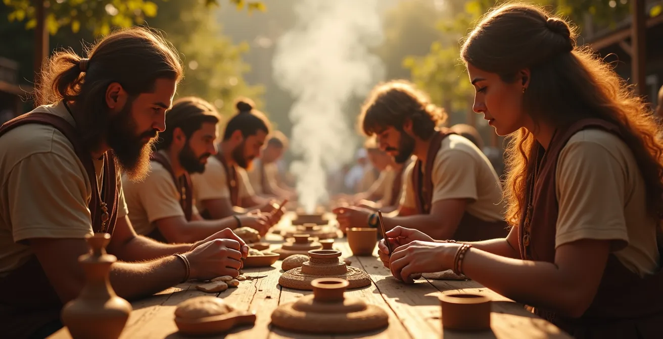 Vue immersive d'un festival d'archéologie avec artisans en train de travailler sur des objets anciens, visiteurs touchant et sentant des matériaux historiques