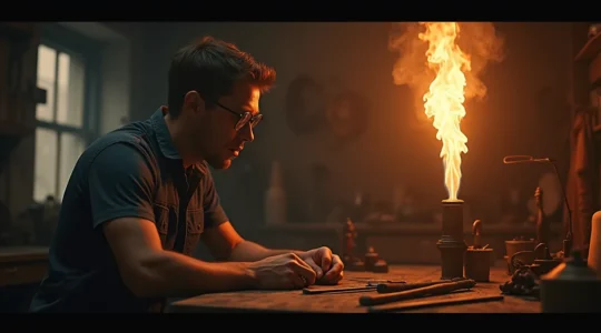 Un artisan au travail dans son atelier, avec une flamme symbolique flottant au-dessus de lui représentant la passion, contrastée par une ombre d'épuisement.