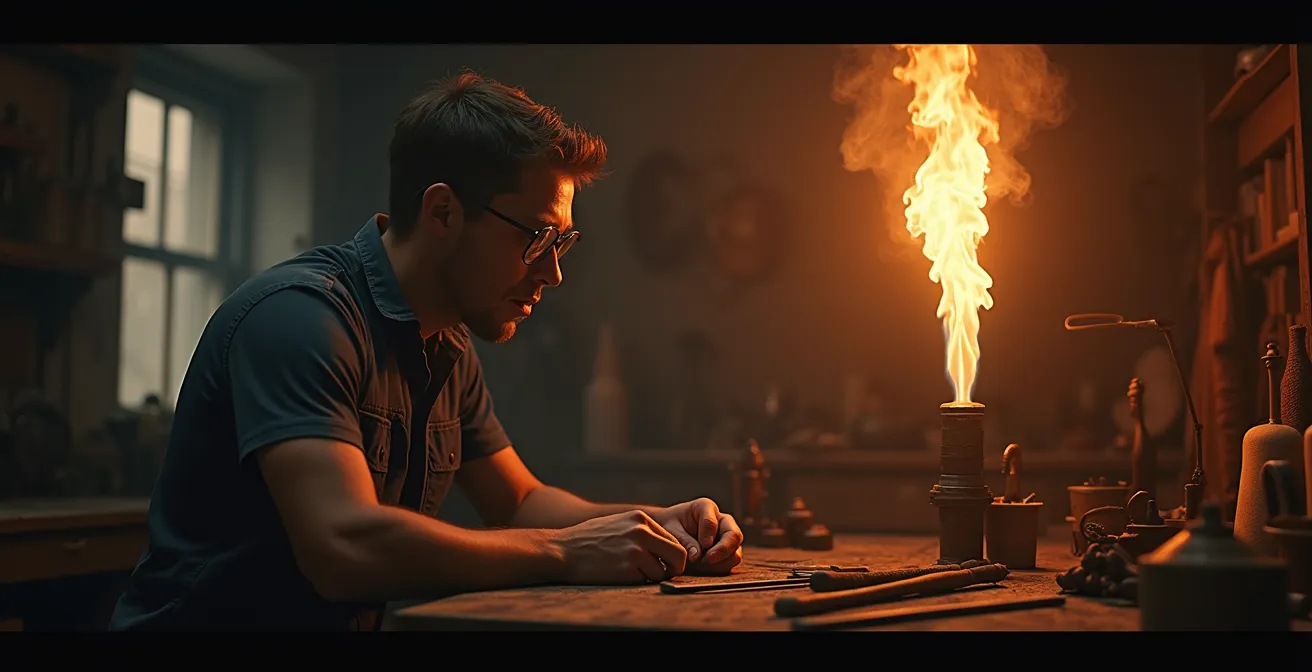 Un artisan au travail dans son atelier, avec une flamme symbolique flottant au-dessus de lui représentant la passion, contrastée par une ombre d'épuisement.