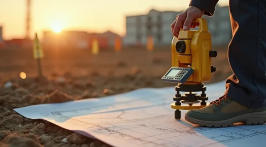 Un géomètre-topographe en plein travail sur un terrain avec appareils de mesure moderne, entouré de bornes délimitant un terrain, sous un ciel clair
