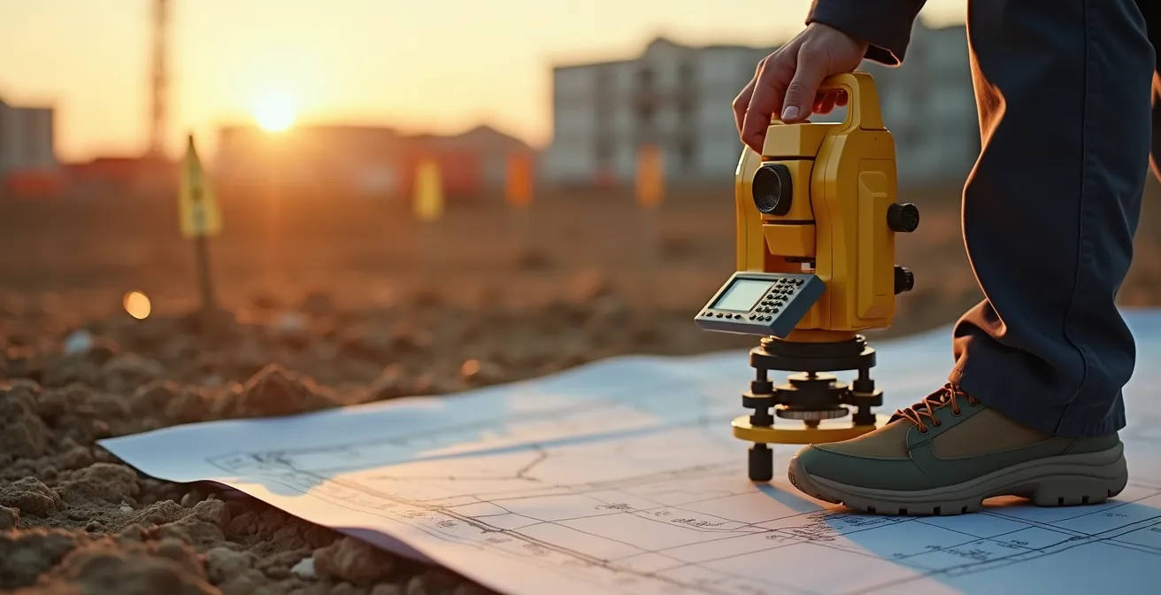 Un géomètre-topographe en plein travail sur un terrain avec appareils de mesure moderne, entouré de bornes délimitant un terrain, sous un ciel clair