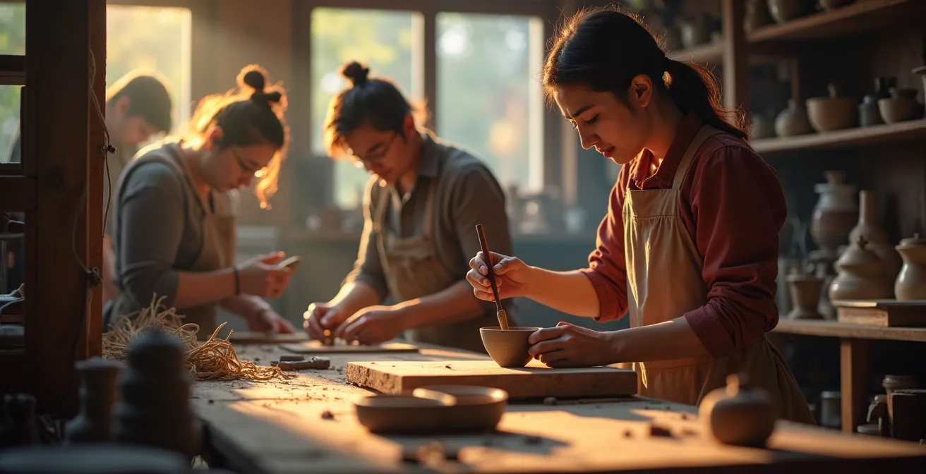Illustration représentant diverses activités artisanales avec des artisans au travail dans un atelier lumineux