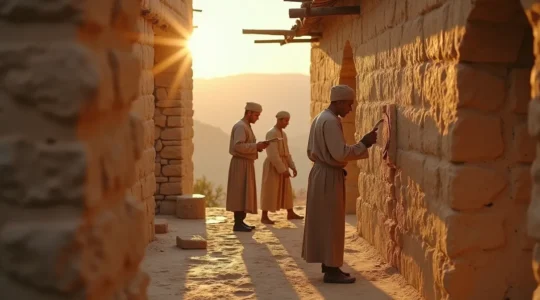 Une façade de maison ancienne en matériaux traditionnels avec artisans au travail autour, symbolisant la transmission des savoir-faire ancestraux pour la construction durable