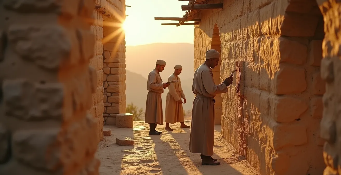 Une façade de maison ancienne en matériaux traditionnels avec artisans au travail autour, symbolisant la transmission des savoir-faire ancestraux pour la construction durable