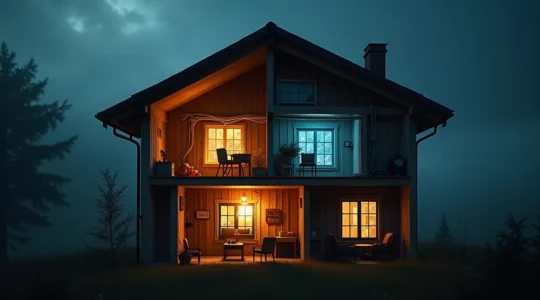 Schéma symbolique d'une maison avec une installation électrique défaillante montrant des signaux d'alerte et sécurité renforcée