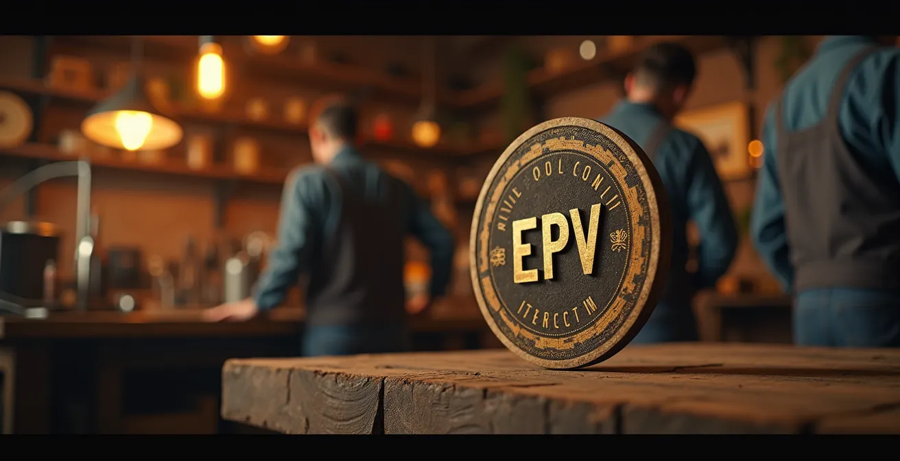 Illustration symbolique d'une entreprise artisanale labellisée EPV mettant en scène l'artisanat d'exception avec des icônes de financement et certification.