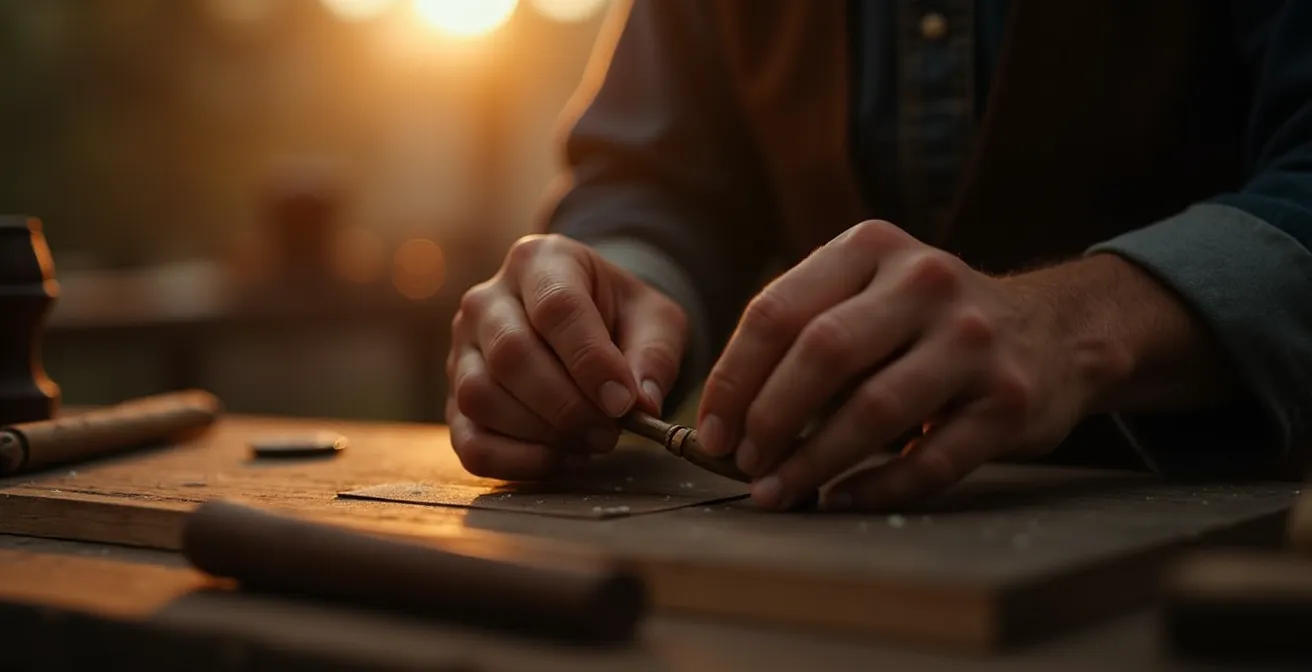 Main d'artisan tenant délicatement un objet d'art en cours de création, mettant en lumière la matière et la finesse du travail