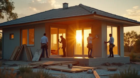 Une maison en construction entourée d'artisans au travail, illustrant la coopération et la confiance dans les métiers du bâtiment.