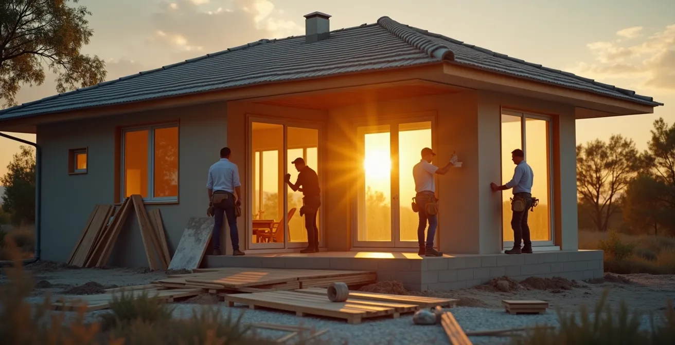 Une maison en construction entourée d'artisans au travail, illustrant la coopération et la confiance dans les métiers du bâtiment.