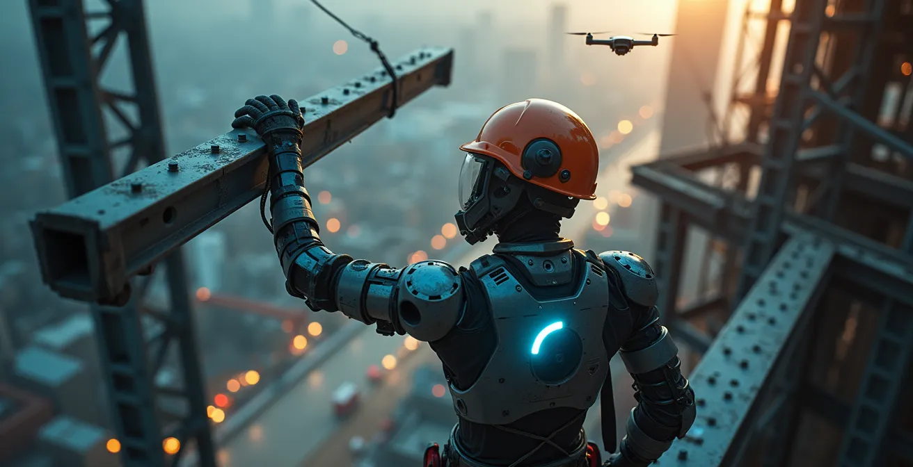 Un charpentier métallique portant un exosquelette moderne sur un chantier en hauteur avec un drone en vol inspectant la zone