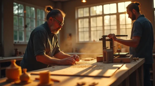 Image représentant des artisans au travail mêlant gestes manuels traditionnels et technologies modernes dans un atelier lumineux