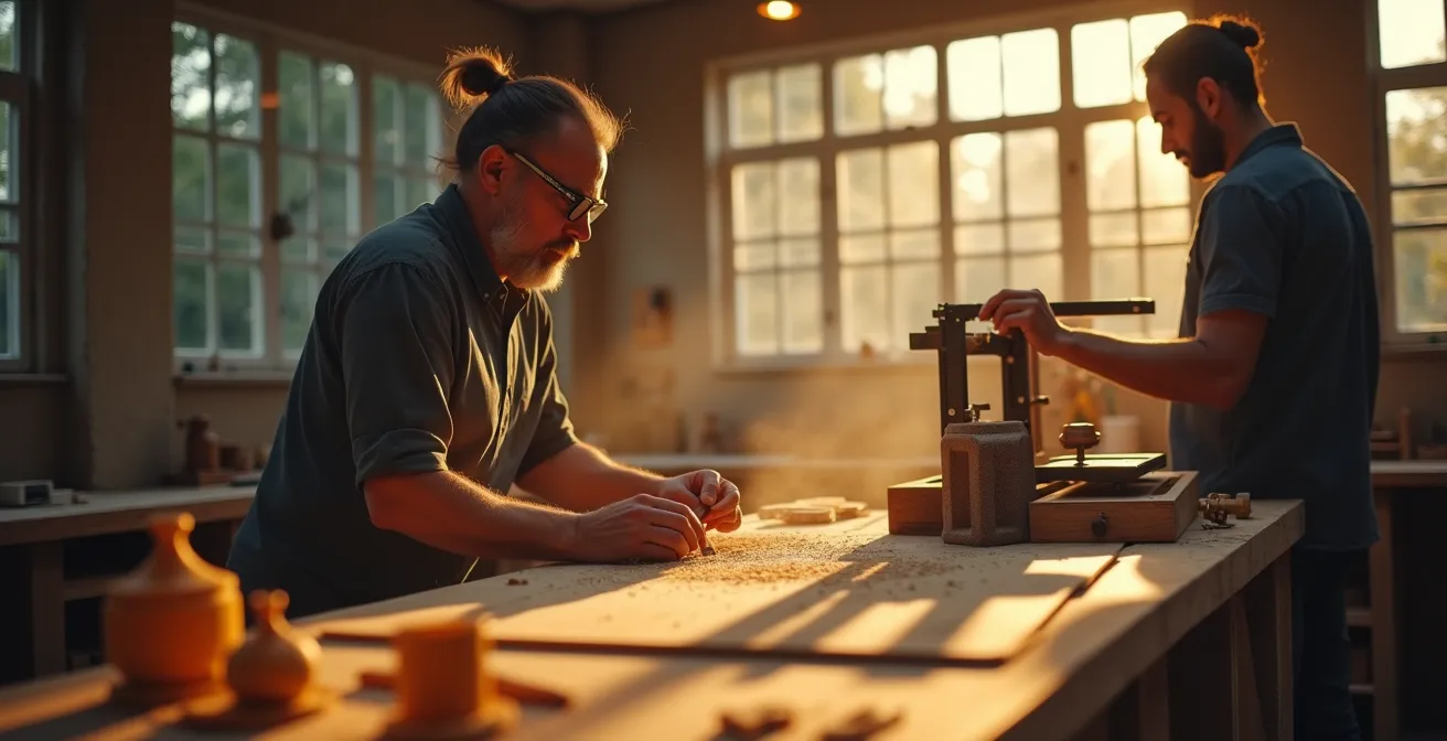 Image représentant des artisans au travail mêlant gestes manuels traditionnels et technologies modernes dans un atelier lumineux