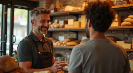 Photo chaleureuse d'un client et d'un artisan de bouche souriants échangeant dans une boutique traditionnelle avec des produits de qualité visibles