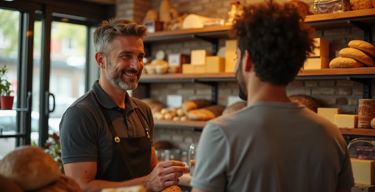 Photo chaleureuse d'un client et d'un artisan de bouche souriants échangeant dans une boutique traditionnelle avec des produits de qualité visibles