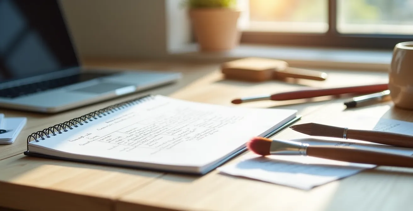 Table de travail avec carnet de notes, ordinateur et outils artisanaux, symbolisant la planification et l'organisation