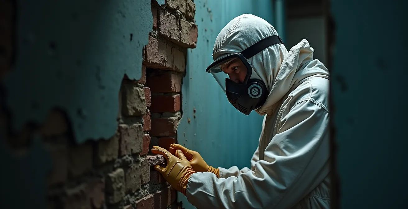 Illustration montrant un mur avec des fibres d'amiante et de plomb en surimpression, et un artisan en tenue de protection.