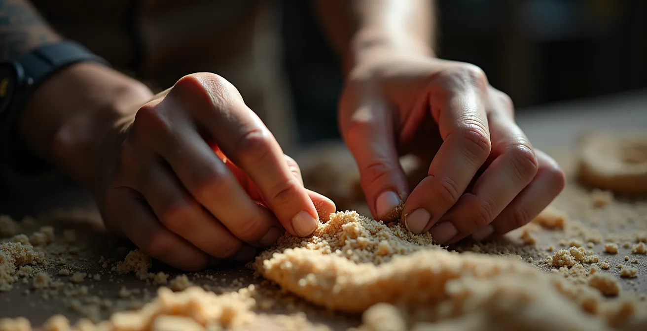 Main d’artisan en train de façonner une pièce, illustrant la créativité et la sérendipité contrôlée en artisanat d’art