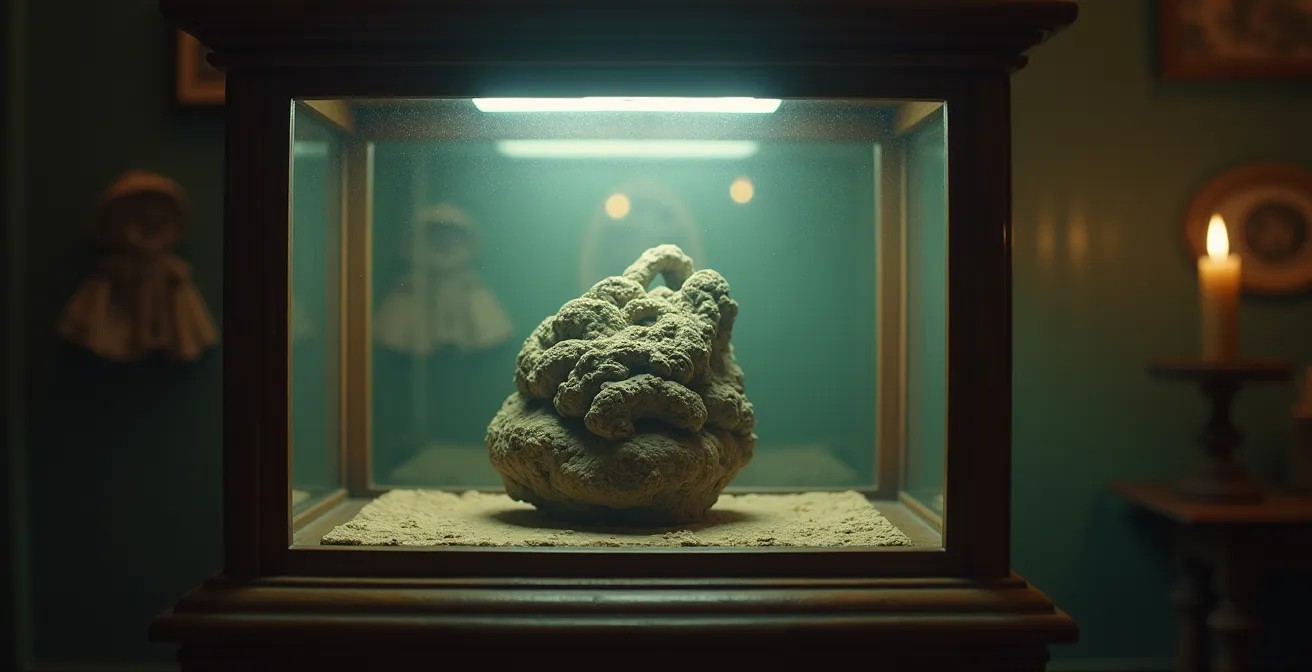 Illustration montrant un objet ancien protégé dans une vitrine avec contrôle d'humidité et lumière tamisée, poussière évitée