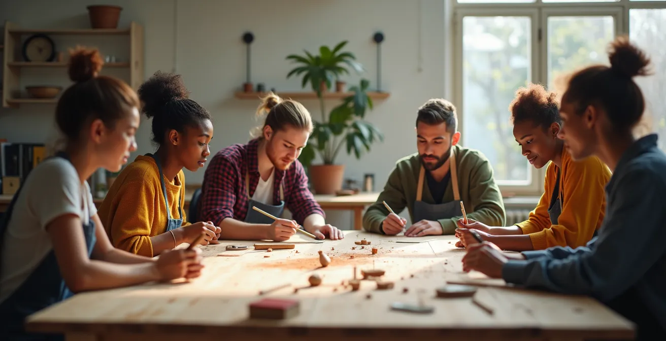 Groupe d'artisans divers réunis autour d'une grande table en bois dans un espace moderne, partageant des outils, des idées et collaborant activement.