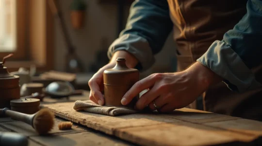 Une main tenant délicatement un objet ancien précieux, entourée d'outils de restauration artisanale dans un atelier chaleureux