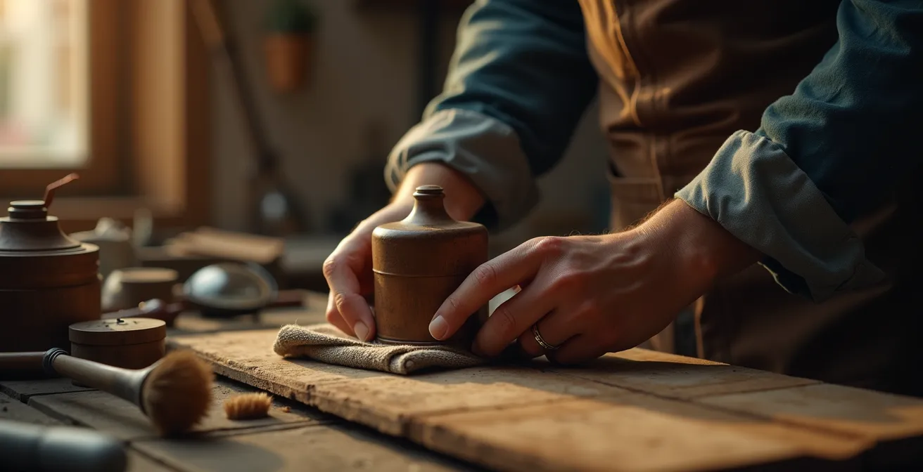 Une main tenant délicatement un objet ancien précieux, entourée d'outils de restauration artisanale dans un atelier chaleureux