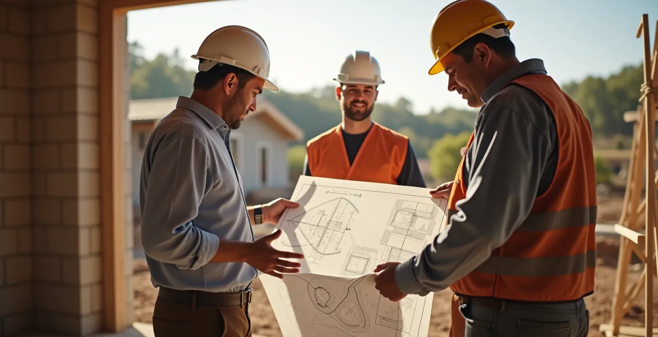 Propriétaire consultant un géomètre avec des artisans du bâtiment vérifiant un plan topographique sur un chantier