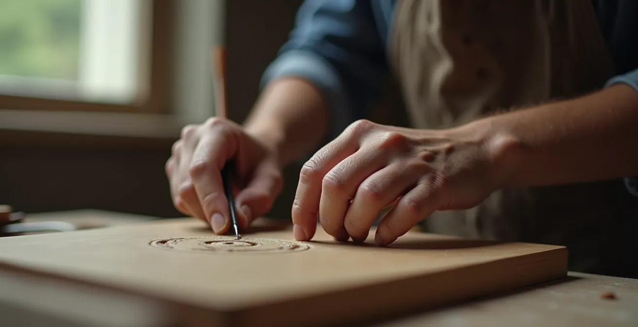 Artisan concentré travaillant sur un objet avec des outils traditionnels, montrant des détails d’imperfections délibérées comme signature