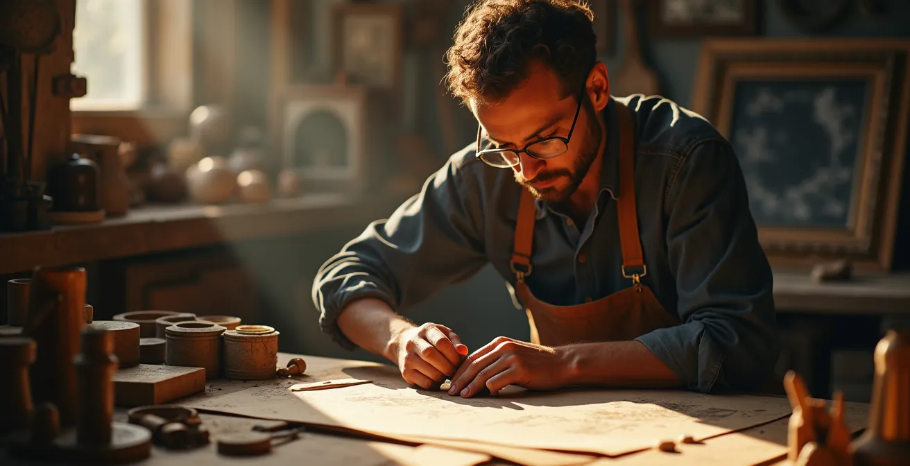 Une image représentant un artisan en train de travailler avec des outils traditionnels, entouré de matériaux variés, illustrant la fusion entre contraintes techniques et créativité.
