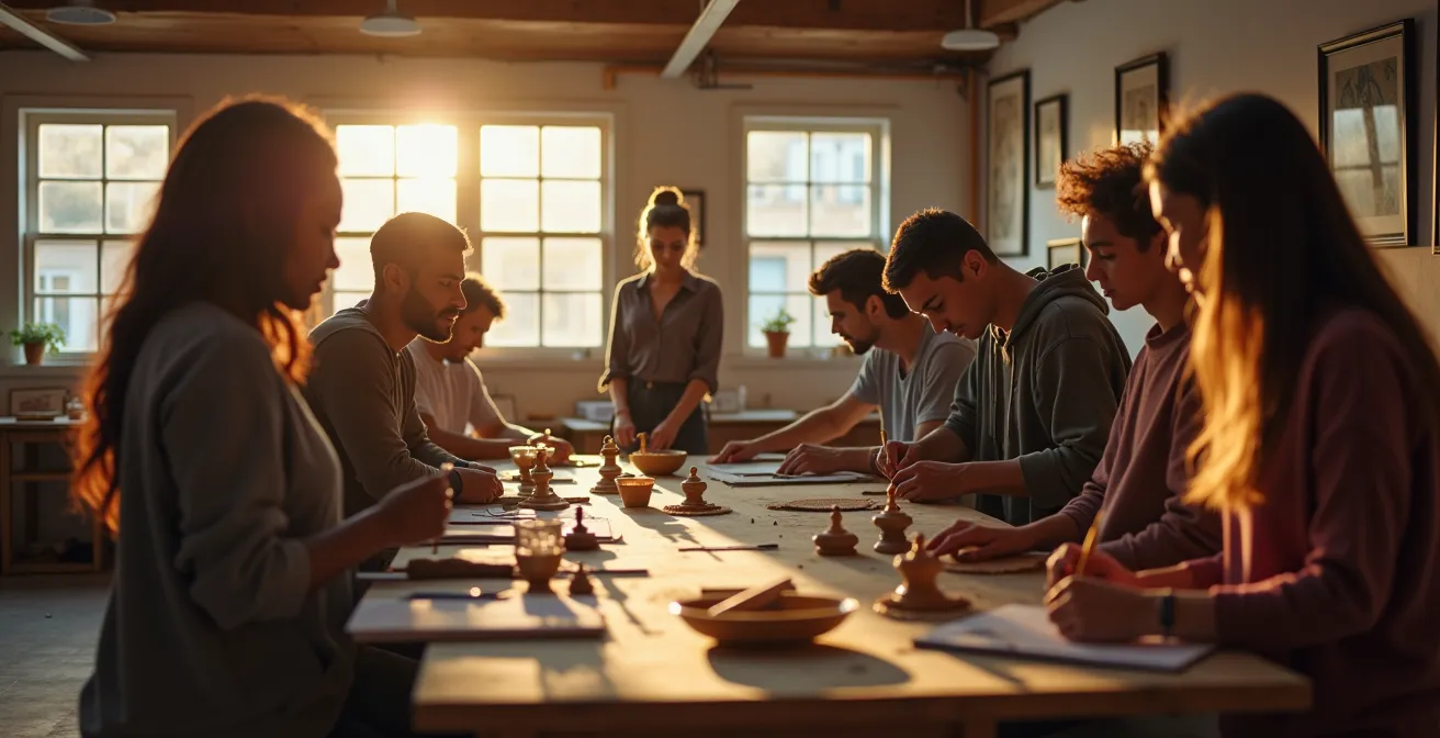 Illustration d'un atelier d'artisanat accueillant des visiteurs pour une masterclass dans un cadre authentique et chaleureux.