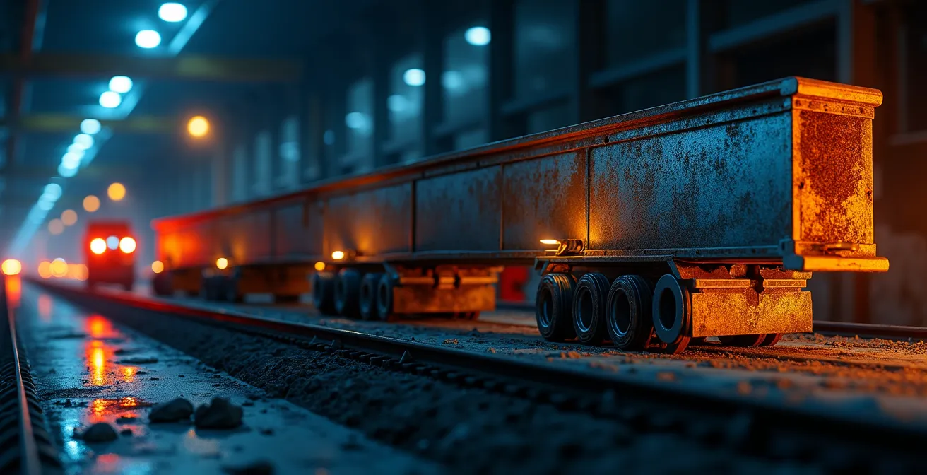 Illustration montrant une poutre métallique dans ses phases de vie numérique, transport et montage sur site avec visualisations BIM
