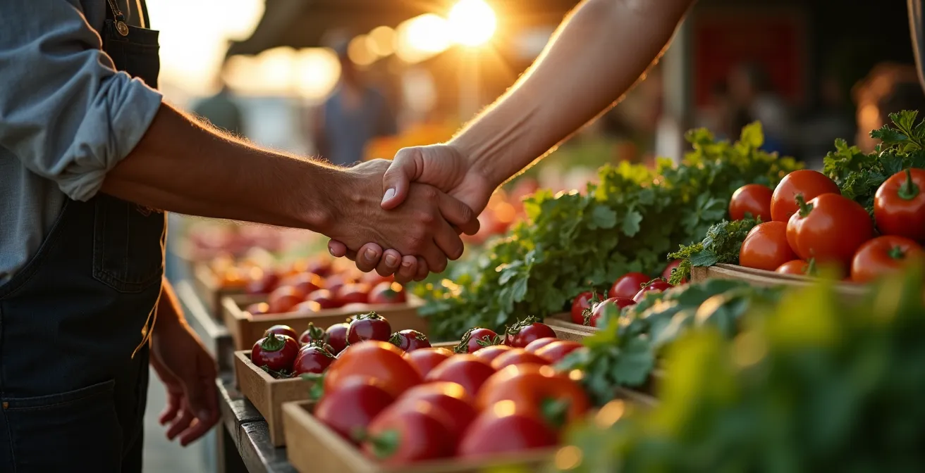 Agriculteur sur un marché local échangeant avec des clients autour de ses produits frais
