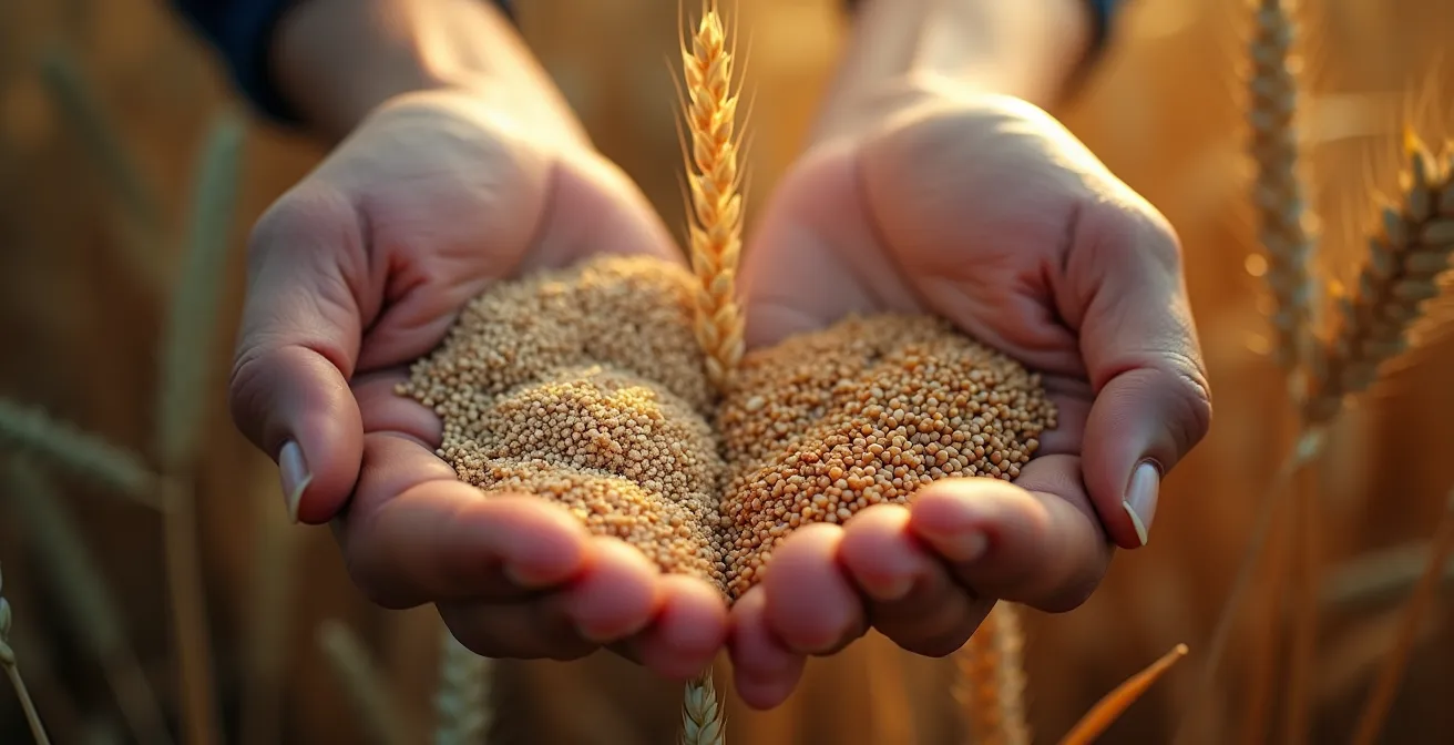 Agriculteur consultant des données sur tablette avec champ en arrière-plan