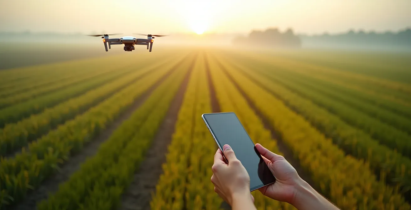 Drone survolant un champ avec cartographie colorée de rendement visible sur tablette