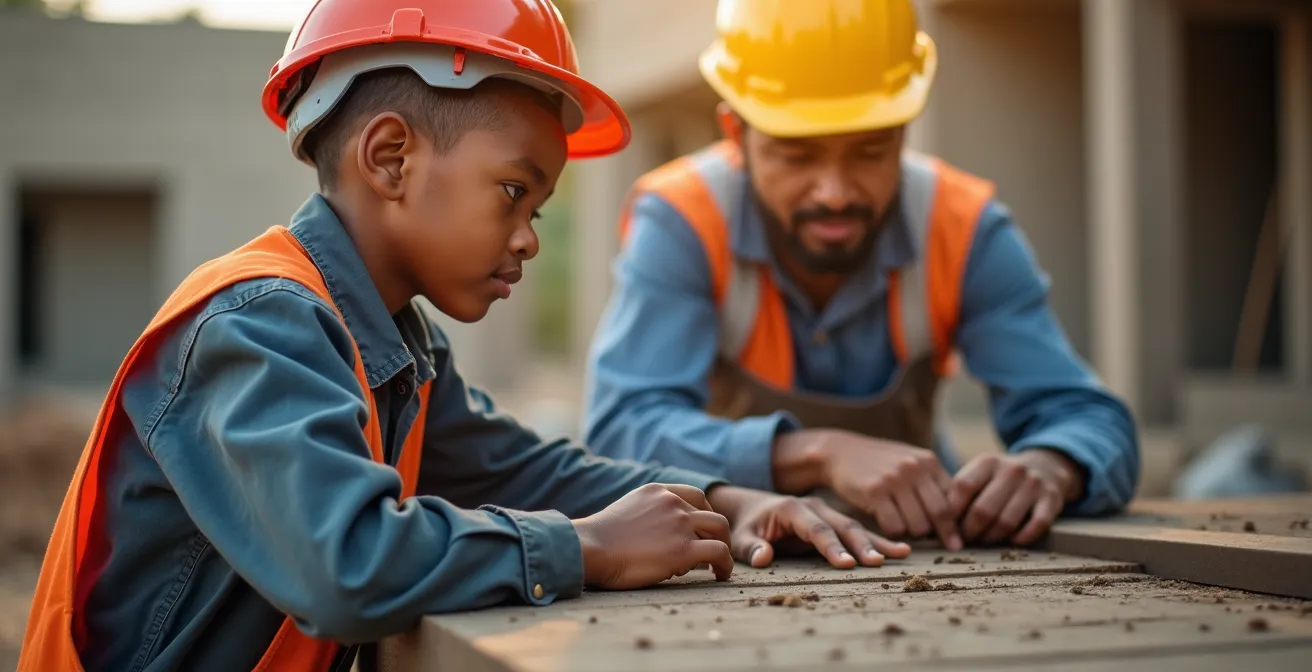 Jeune apprenti en tenue de travail observant attentivement un artisan expérimenté sur un chantier de construction moderne